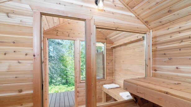 Una cabaña de madera con sauna, un banco y una ventana que da a follaje verde.