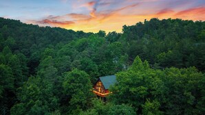 A cabin surrounded by dense forest, elevated on stilts, with a visible deck and string lights.