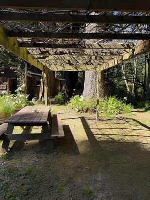 Um pavilhão de madeira rústico com mesa de piquenique, rodeado por vegetação natural e um edifício de pedra ao fundo.