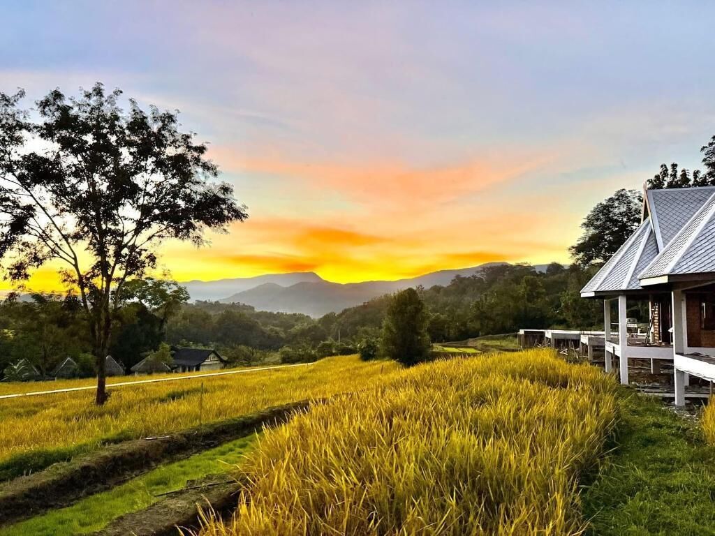 Un paysage rural avec une maison à l’extérieur blanc et dotée d’un toit en pente, entourée de champs et d’arbres.