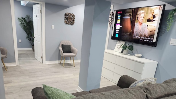 Un salon avec un canapé gris, un téléviseur fixé au mur, un meuble blanc et une plante.