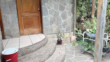 A stone staircase leading to a wooden door, a red bucket, and potted plants.