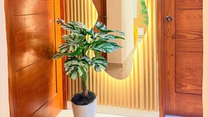 Un couloir avec des portes en bois, une plante en pot et un miroir qui reflète l’intérieur.