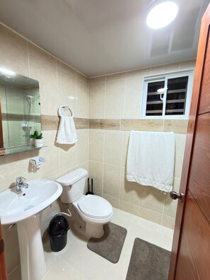 Ein Badezimmer mit Waschbecken, Toilette und Dusche.