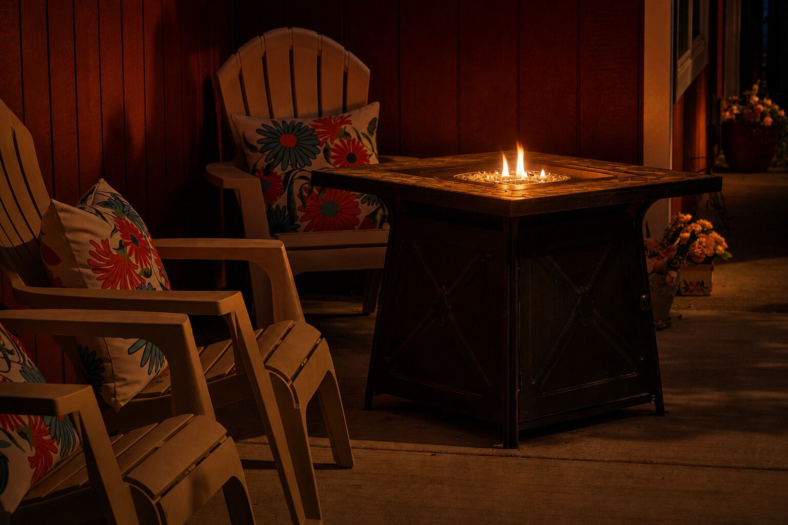 A wooden table with a fire, two wooden chairs with floral cushions, and a red wall in the background.
