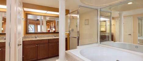 Jetted tub, hair dryer, towels, soap
