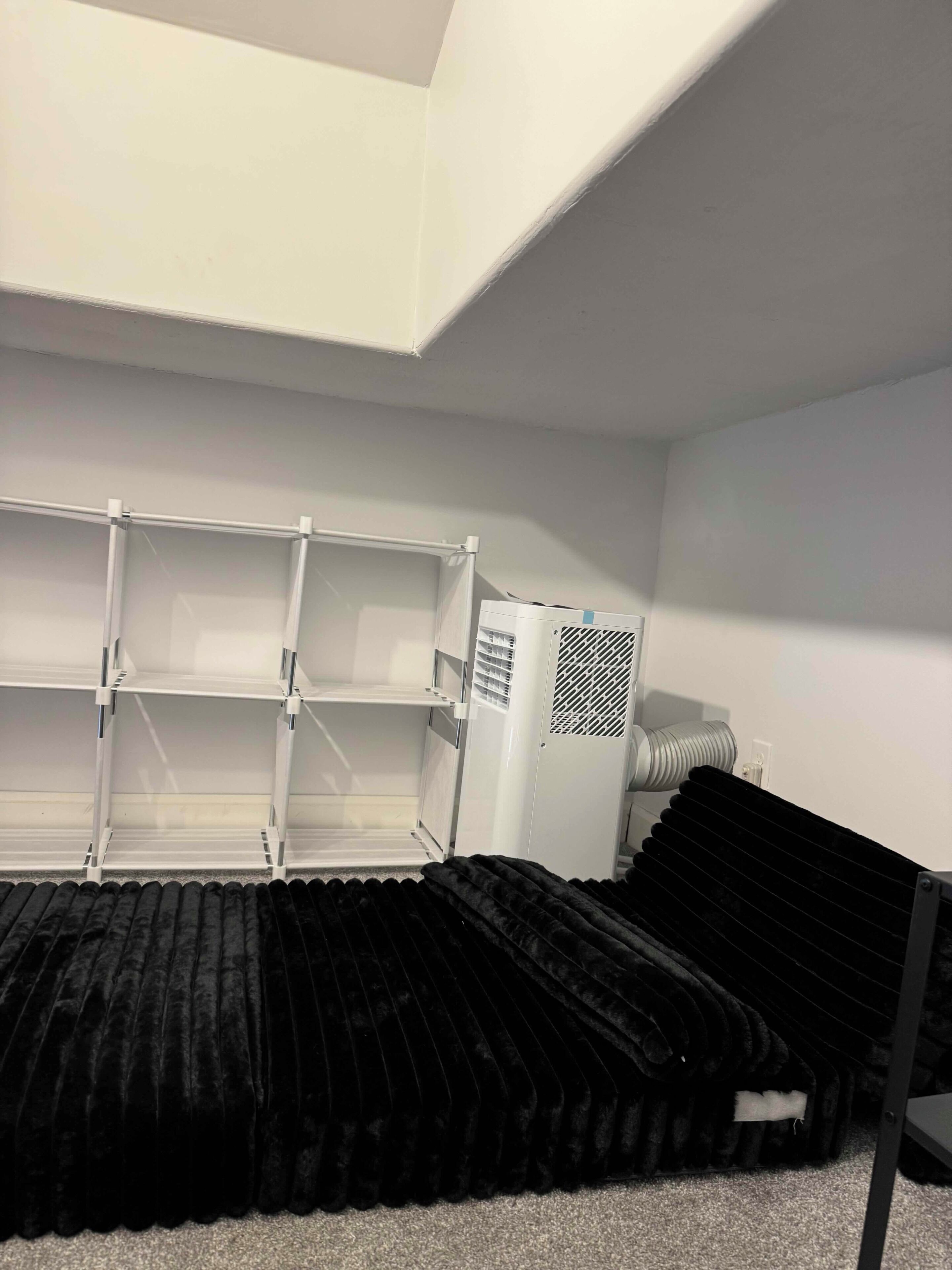 A room with a white wall, a white ceiling, a white radiator, and a black carpet.