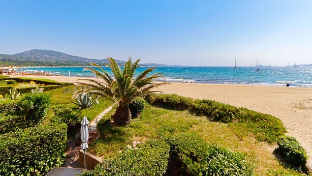 A beach with a clear view of the sea, a palm tree, and a pathway leading to the beach. - 2-room apartment with sea view - A/C, Loggia (PORT GRIMAUD)