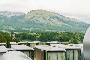 Une rangée de maisons mobiles modernes et rectangulaires, dotées de grandes fenêtres, se dressent sur fond de forêt verdoyante et de montagne.