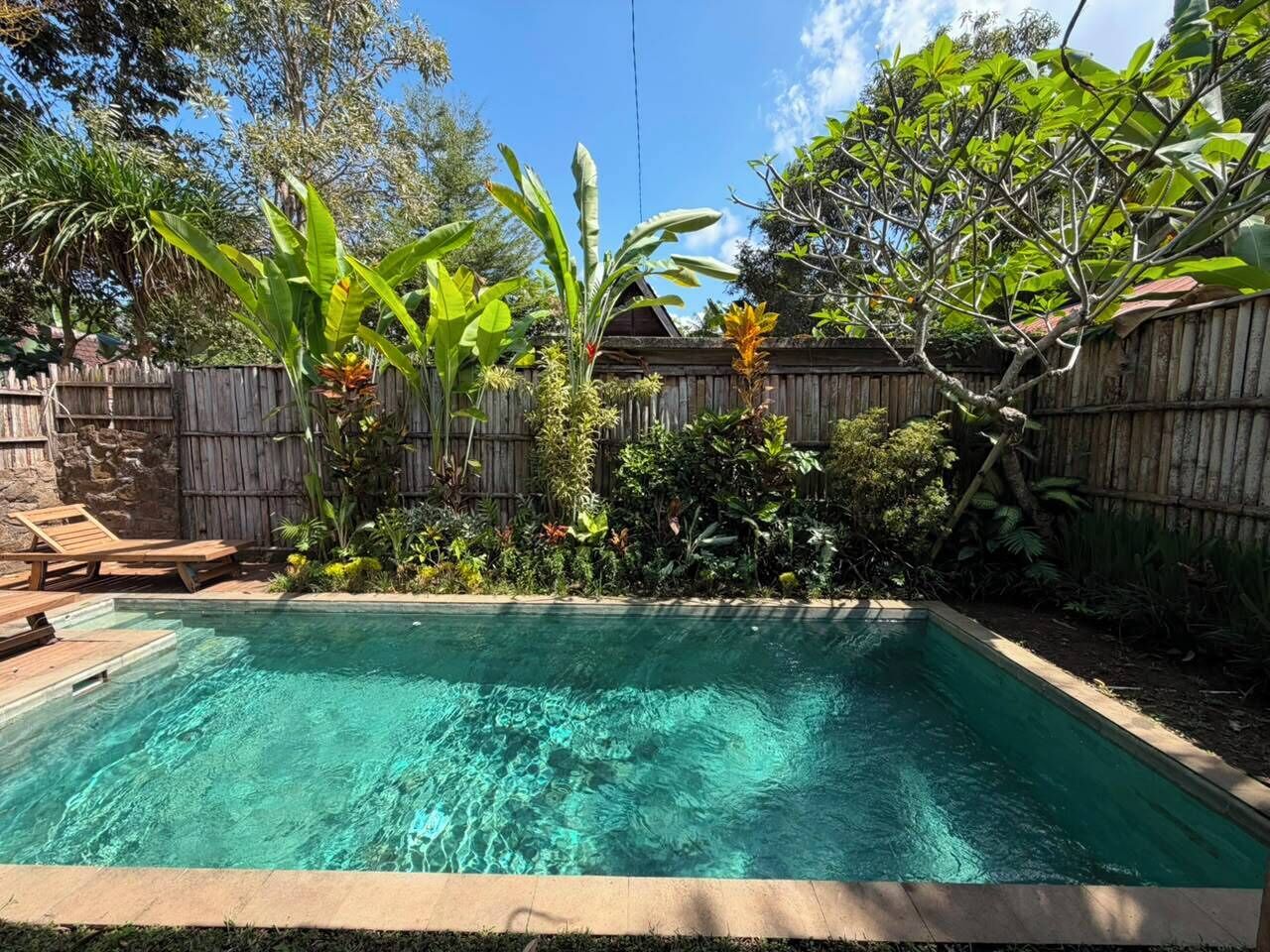 Une piscine rectangulaire à l’eau claire, entourée d’une clôture en bois et agrémentée de diverses plantes tropicales.