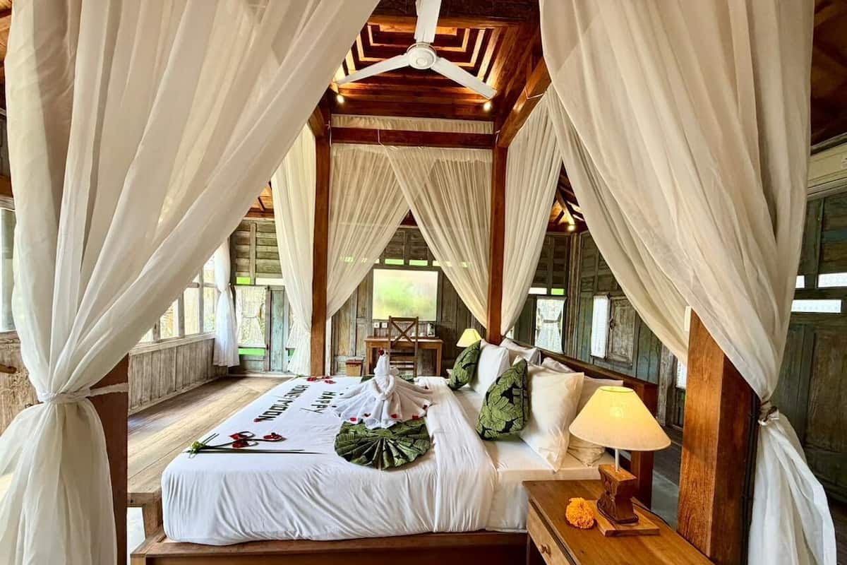 Un dormitorio con cama con dosel, cabecera de madera, mesita de noche con lámpara y vistas al exterior.