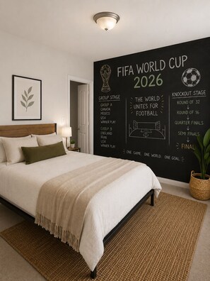 A bedroom with a bed, a bedside table, a lamp, a framed leaf artwork, and a wall with a FIFA World Cup 2026 poster. - Spacious 5-bedroom house in peaceful Arlington with AC (Arlington)