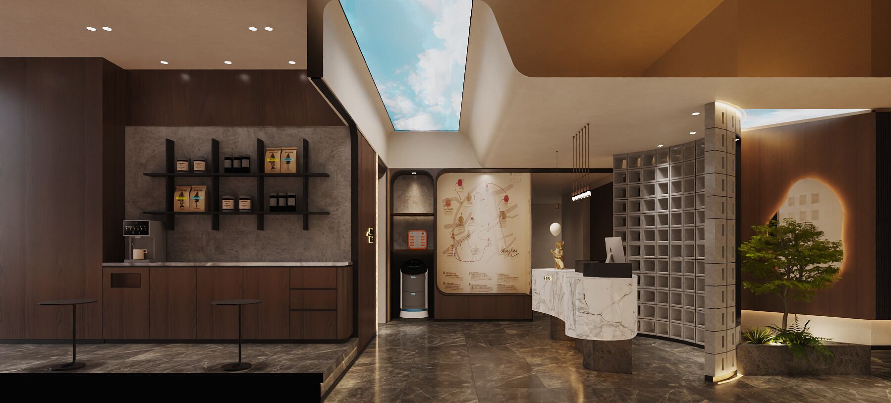 Een moderne hotel lobby met een receptiebalie, een koffieapparaat, een kaart aan de muur en een plant.