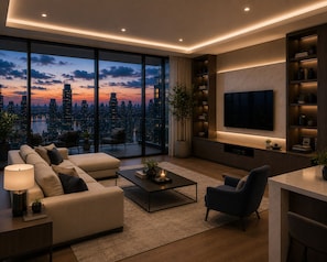 Una sala de estar moderna con vista a la ciudad, un sofá, una mesa de centro, un televisor y una estantería.