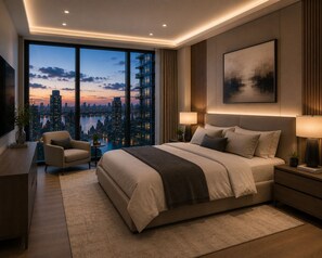 A modern bedroom with a city view, a large bed, two bedside tables, a chair, and a TV. - D'Pristine Medini by Johor Bahru (Iskandar Puteri)