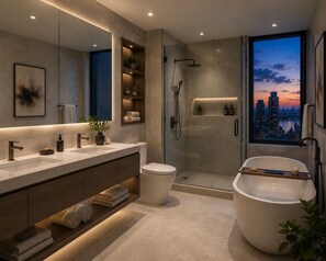 A modern bathroom with a large bathtub, a walk-in shower, a double sink vanity, and a cityscape view through a large window. - D'Pristine Medini by Johor Bahru (Iskandar Puteri)