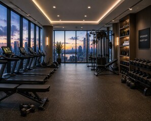 A gym with treadmills, weights, and a city view. - D'Pristine Medini by Johor Bahru (Iskandar Puteri)