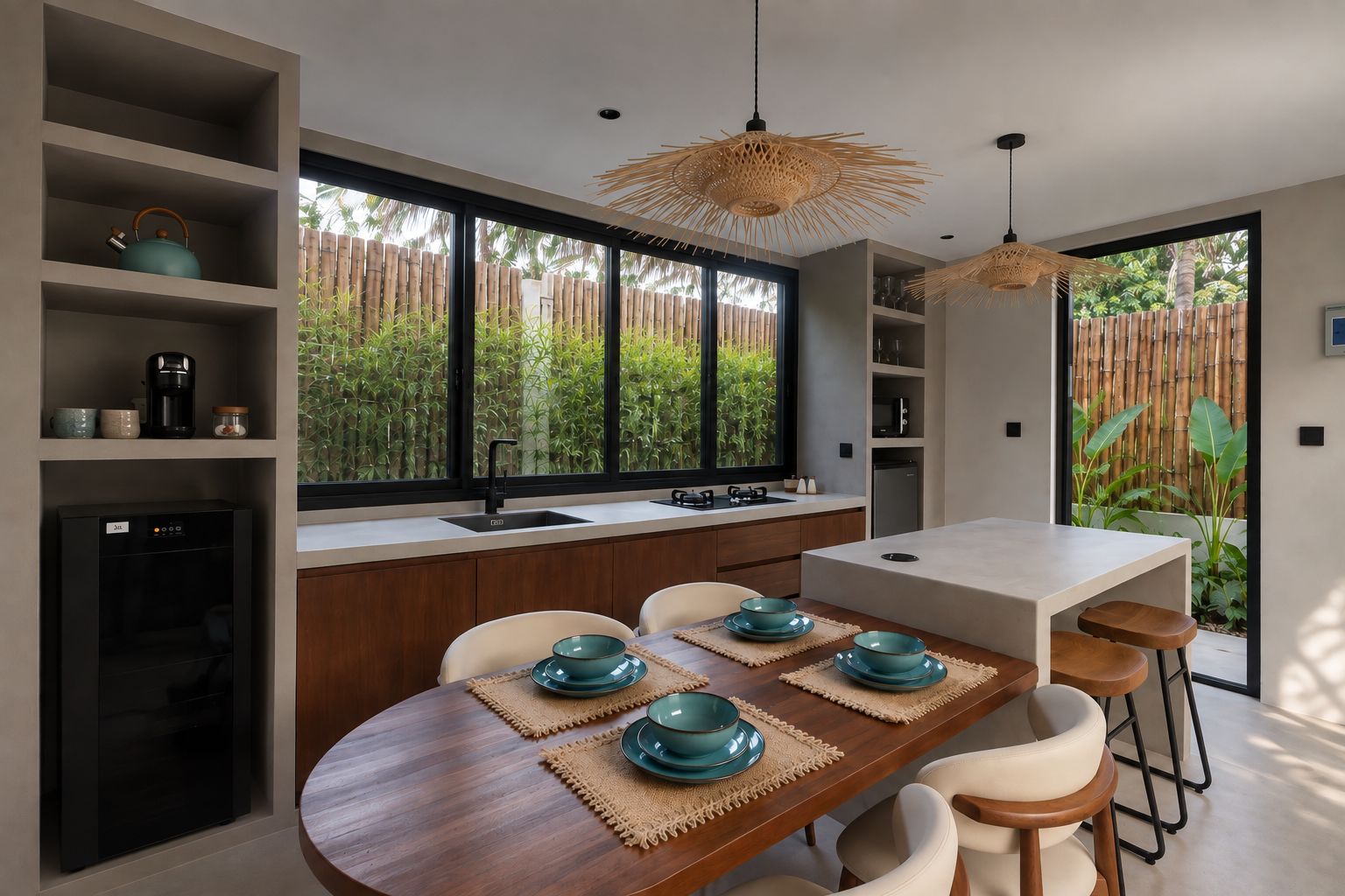 Cozinha moderna com área de refeições, janelas amplas e vista para o verde.
