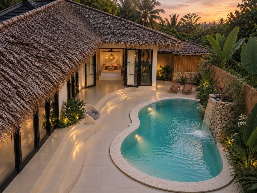 Une piscine à bord incurvé, une structure surmontée d’un toit de chaume et une cascade décorative.