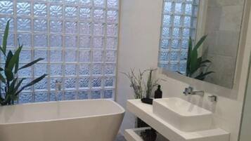Hair dryer, towels, soap, toilet paper