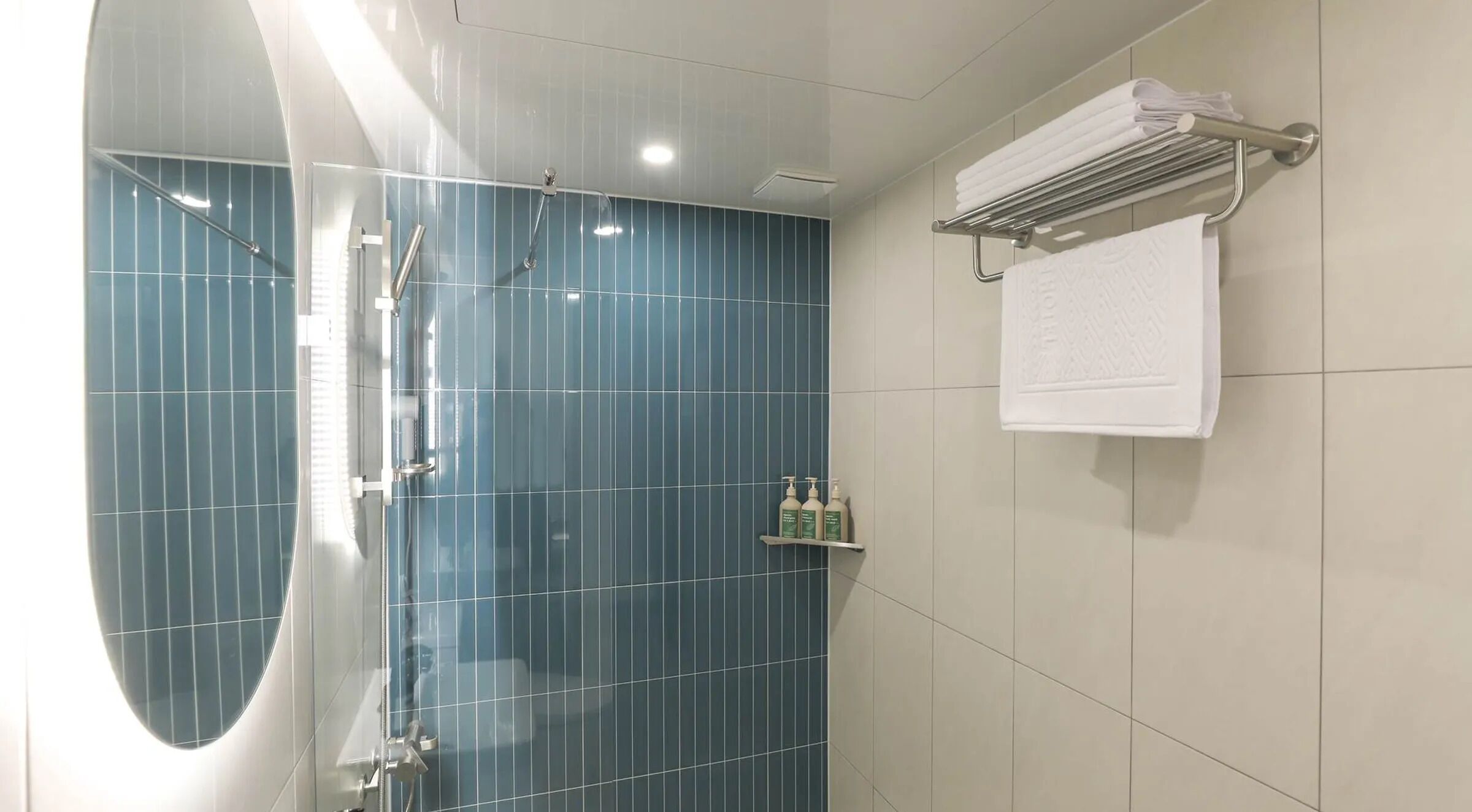 Un baño con cabina de ducha de vidrio, un perchero con una toalla doblada y un estante con artículos de aseo.