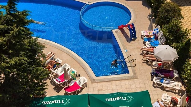 A swimming pool with lounge chairs and umbrellas, surrounded by greenery.