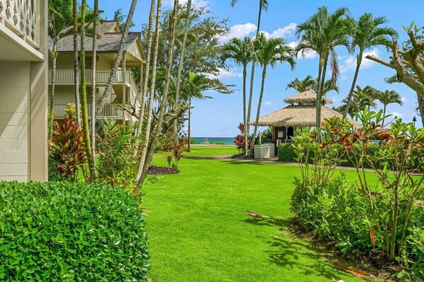 A resort with a well-maintained lawn, palm trees, and a building with a balcony overlooking the ocean. - Tropical ocean property centrally located among beautiful floral gardens; Aloha! (Kapaʻa)