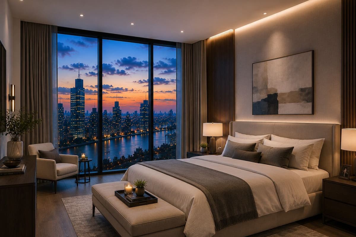 Un dormitorio moderno con una cama grande, mesitas de noche, una butaca y vistas a un paisaje urbano al atardecer, junto a un ventanal amplio.