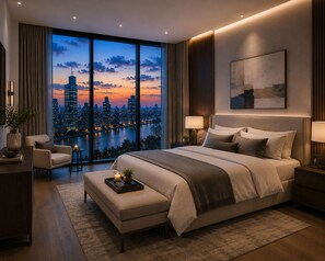 A modern bedroom with a large bed, bedside tables, a nightstand, a chair, a view of a cityscape at dusk, and a large window. - Midhills by Genting Highlands (Genting Highlands)