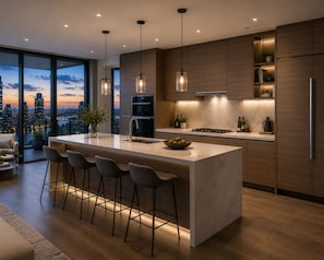 A modern kitchen with a large island, bar stools, and a city view. - Midhills by Genting Highlands (Genting Highlands)