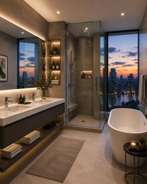 A modern bathroom with a large bathtub, a walk-in shower, and a city view. - Midhills by Genting Highlands (Genting Highlands)