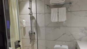 Une salle de bain équipée d’une douche, de toilettes et d’un porte-serviettes.