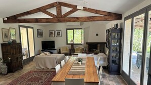 Un'ampia zona giorno con un tavolo da pranzo in legno, divani e un camino.