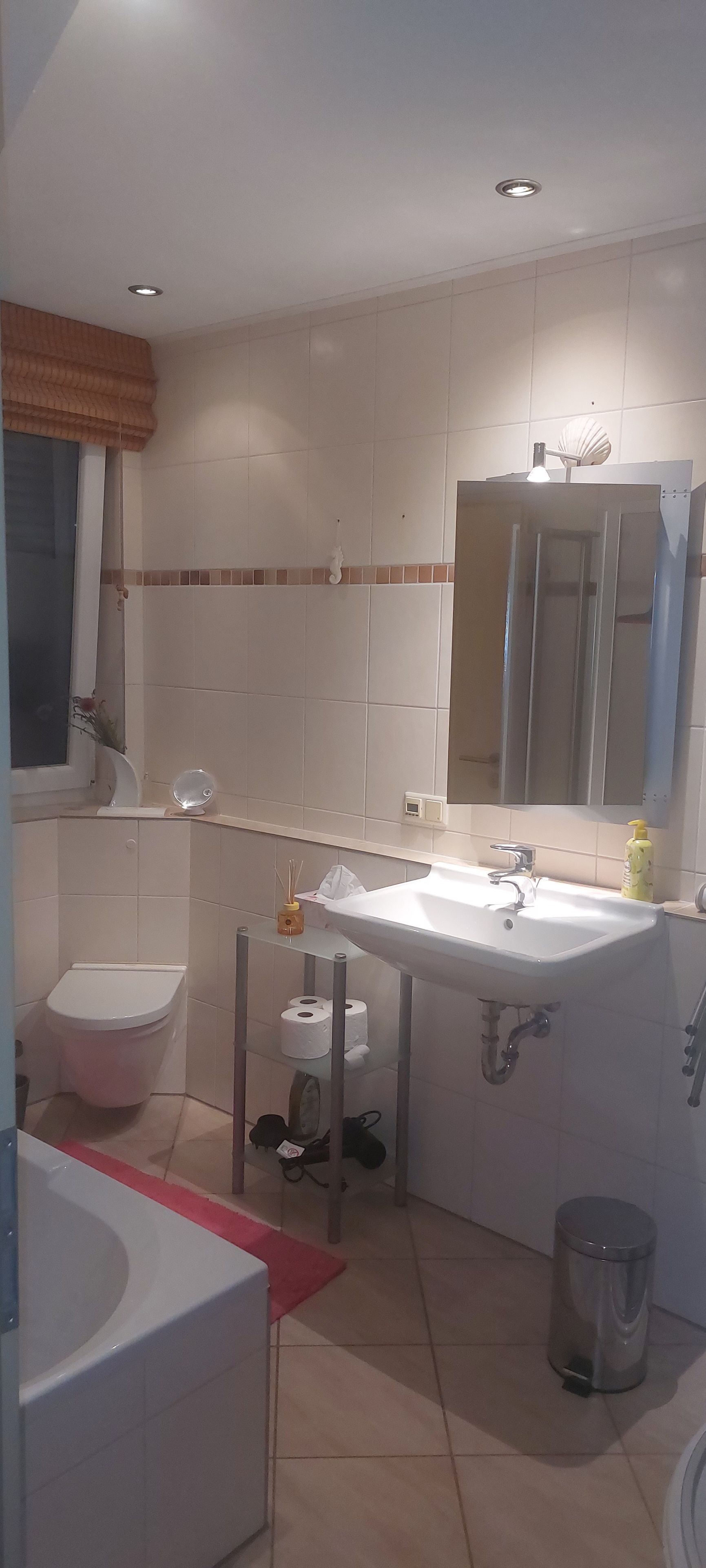 Une salle de bain équipée de toilettes, d’un bidet, d’un lavabo et d’un miroir.