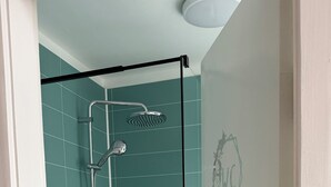 A glass-enclosed shower with a handheld showerhead and a handheld shower attachment. - Ocean view in delightful Borgarnes with cool views and environment (Borgarnes)
