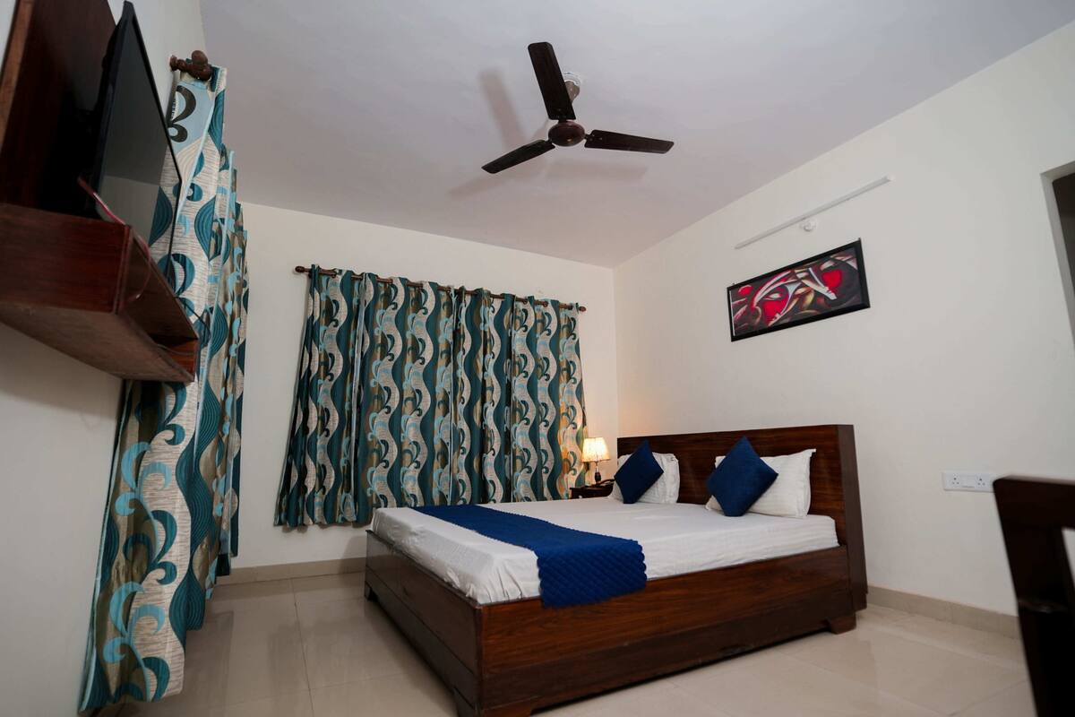 A bedroom with a bed, curtains, a ceiling fan, a wall-mounted TV, and a painting.
