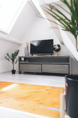 A modern living room with a flat-screen TV on a wooden console, a globe, and a potted plant.
