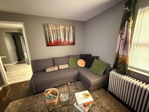 Ein Wohnzimmer mit grauem Sofa, einem Glastisch, einer Heizung und einem Bild an der Wand.