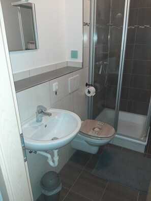 A bathroom with a sink, toilet, and shower. - Apartment "Ferienwohnung Wiesenrain" with Private Terrace and Wi-Fi (Hergatz)