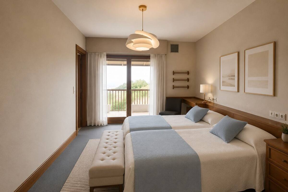 A hotel room with two beds, a bench, a desk, a chair, a balcony, and a hanging light fixture.