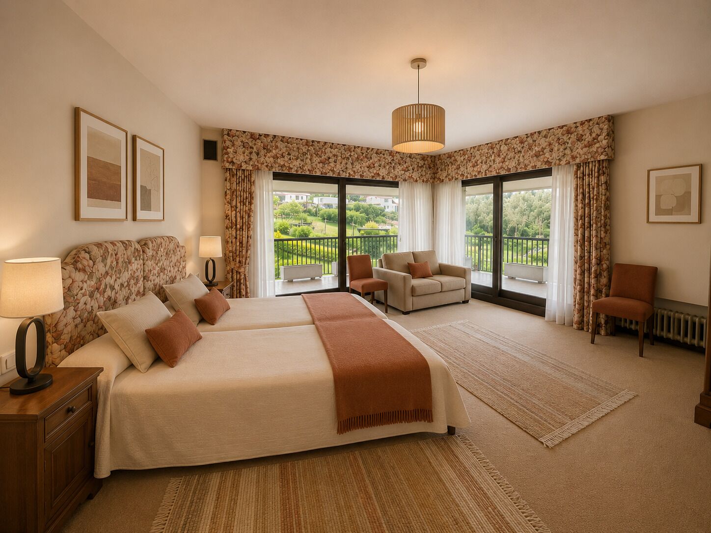Quarto de hotel com cama, duas cadeiras, uma escrivaninha e varanda com vista.