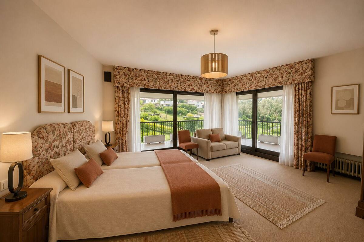 A hotel room with a bed, two chairs, a desk, and a balcony with a view.