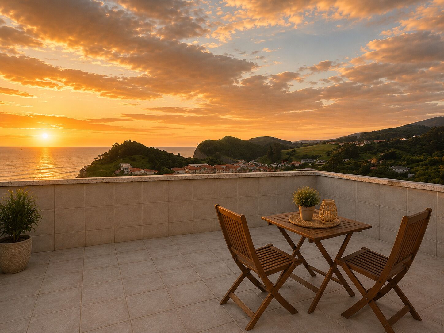 A terrace with a table and chairs, overlooking a coastal landscape with a sunset.