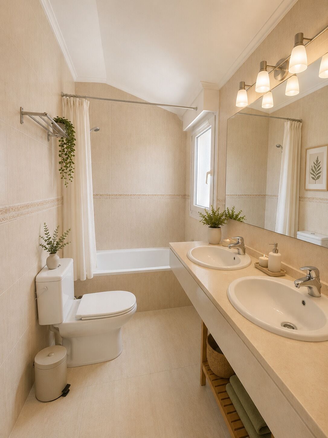 Une salle de bain comprenant des toilettes, un bidet, deux lavabos, un miroir et une douche.
