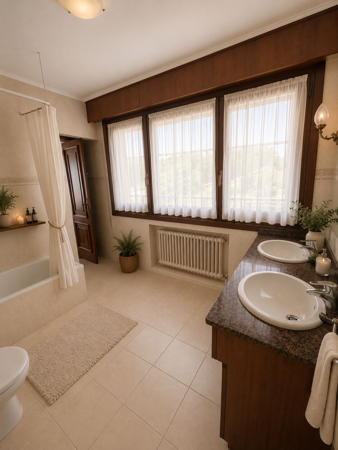 Casa de banho com banheira, duas pias, radiador e janela com cortinas.