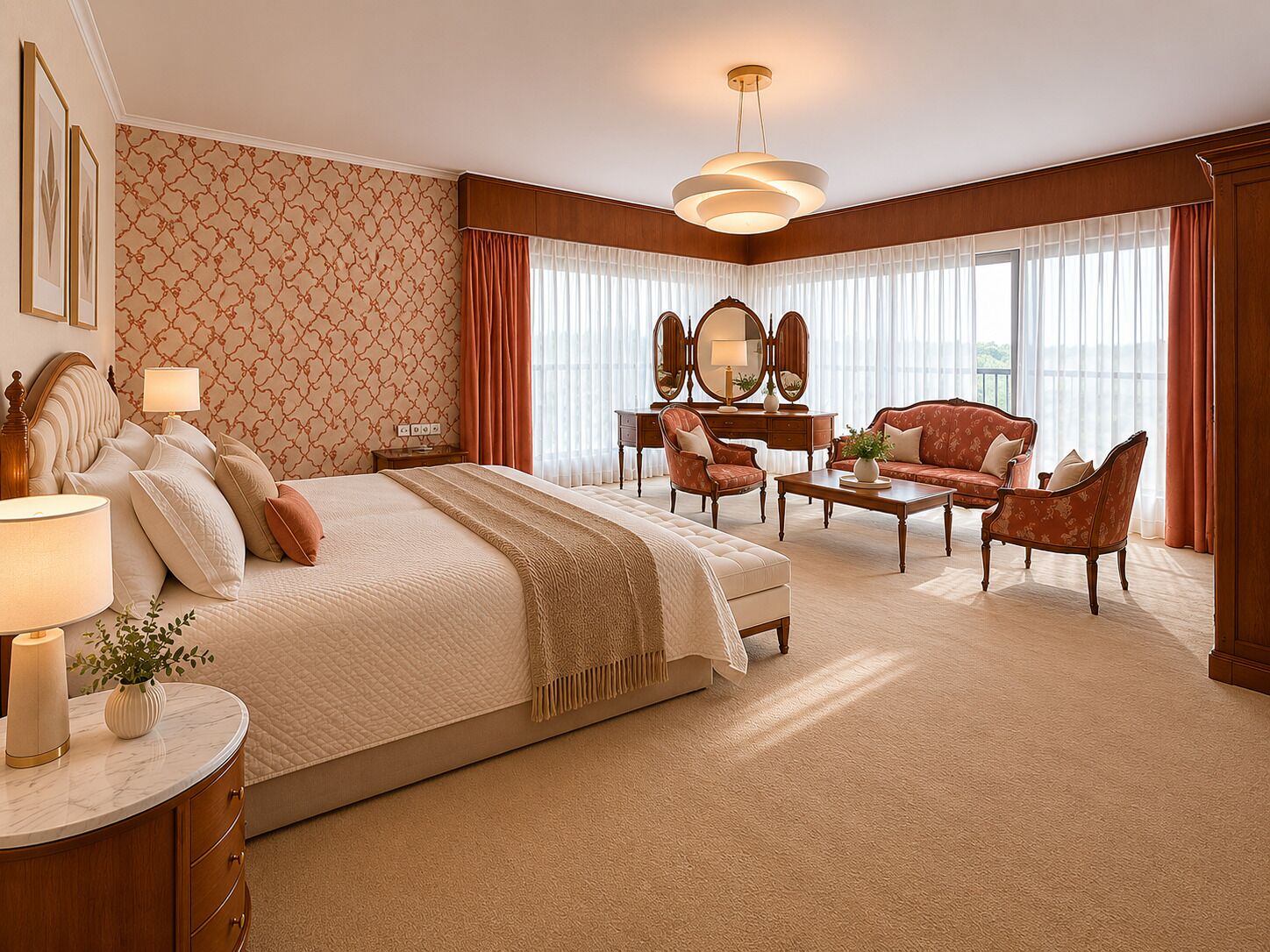 Habitación de hotel con una cama grande, una zona de estar con sofá y sillones, un escritorio con espejo y un amplio ventanal con cortinas.