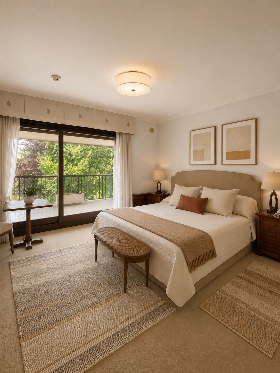 Um quarto espaçoso com uma cama grande, mesa de cabeceira, um banco e vista para o verde pela janela.