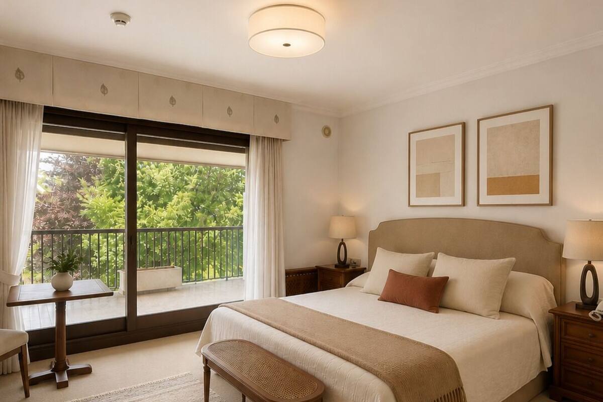 A spacious bedroom with a large bed, a bedside table, a nightstand, a bench, and a view of greenery through the window.