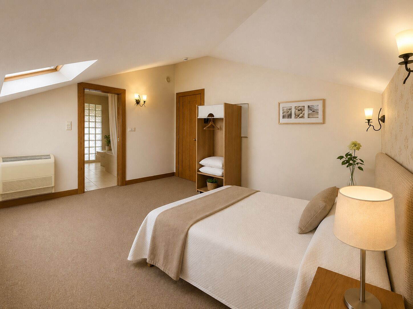 Quarto com cama, luminária de cabeceira e janela com vista.