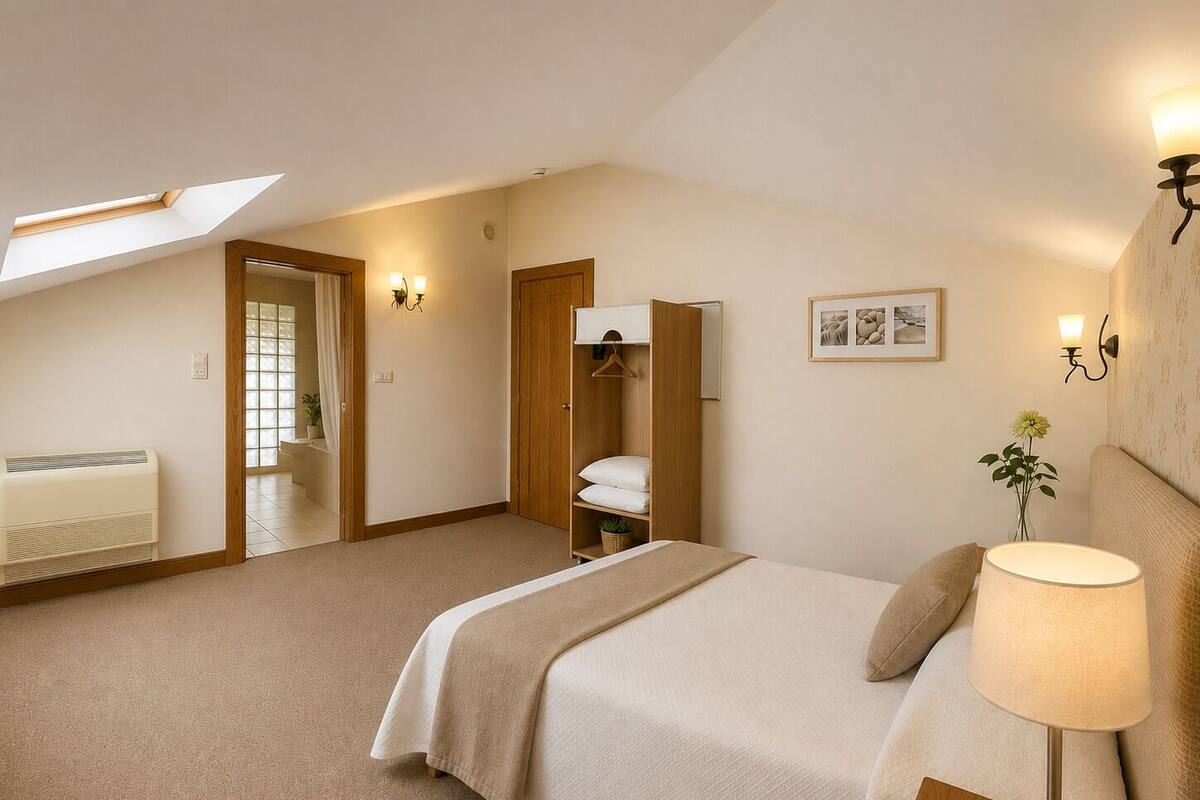 A bedroom with a bed, bedside lamp, and a window with a view.